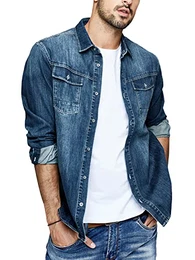 Herren Jeanshemd Langarm Denim Shirt Regular Fit Baumwolle Western Freizeithemd Leicht Übergangsjacke Dunkelblau M