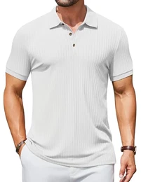 Herren Strick Poloshirt Kurzarm Geripptes Sommer Polo Shirt mit Knöpfe Polohemd T-Shirt Golf Shirts Weiß M