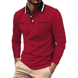 Herren Poloshirt-Langarm Poloshirt aus Baumwolle Atmungsaktiv Casual T-Shirt mit Tasche Herren Poloshirt Rot Polo-Kragen