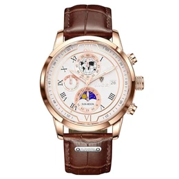 Armbanduhren Herren Männer Uhr Braun Lederarmband Chronograph Quarz Männer Uhren Mit Datum Mondphase Design Wasserdicht Men's Watches - Armbanduhren Für Herren Für Business & Alltag,Goldweiß