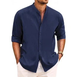 Hemd Herren Leinenhemd Langarm Sommerhemd Button Down Stehkragen Hemden Freizeithemd Casual Regular Fit Strandhemd Leinen Shirt(Marine,M)