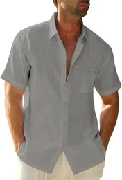 Glacspyg Leinenhemd Herren Kurzarmhemd Arbeit Freizeithemd Fitted Business Casual Urlaub Sommer Strand mit Tasche Grau M
