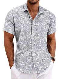 Herren Hawaii Hemd Sommer Kurzarm Sommerhemd Blumen Urlaub Freizeithemd Schwarz-weiße Grau Blätter M