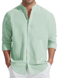 Friptspyg Herren Leinen Hemden Langarm Baumwolle Leinenhemd Stehkragen Sommer Hemd Regular Fit Freizeithemden Strand Hemden mit Tasche, Mintgrün M