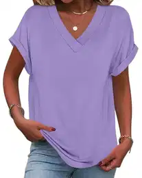 Damen Kurzarm V-Ausschnitt T-Shirt Sommer Locker Oberteile Elegant Shirt Lässig Blusen A Violett XL