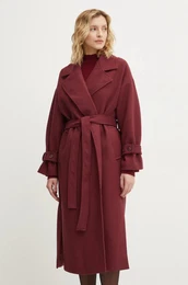 Vuneni kaput boja: bordo, za prijelazno razdoblje, oversize