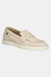 Mokasinke od nubuk koe FLAG SOFT NUBUCK LOAFER za ene, boja: be, ravni potplat, FW0FW08679
