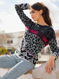 Rundhalspullover Pullover Gr. 40, grau (schwarz, grau, gemustert) Damen Pullover