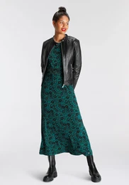Maxikleid Gr. 36, N-Gr, grn (petrol schwarz gemustert) Damen Kleider figurbetont, aus Jersey, Langarm, mit Rundhalsausschnitt