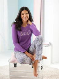Schlafanzug WSCHEPUR Gr. 52/54, lila (lila, steingrau, bedruckt), Damen, 50% Baumwolle, 50% Modal, Homewear-Sets