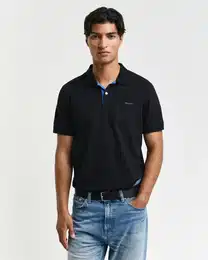 Poloshirt REG CONTRAST PIQUE SS RUGGER , Herren, Gr. XL, schwarz, Piquu00e9, Obermaterial: 96% Baumwolle, 4% Elasthan, unifarben mit Farbeinsatz, casual, regular fit hftlang, hoch geschlossener Ausschnitt, Kurzarm Rippbndchen, Shirts, mit kontr