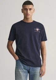 T-Shirt REG ARCHIVE SHIELD EMB SS T-SHIRT , Herren, Gr. XL, blau (evening blau), Jersey, Obermaterial: 100% Baumwolle, unifarben, casual, regular fit hftlang, Rundhals, Kurzarm abgesteppte Kante, Shirts, von dem Archiv aus den 1980er-Jahren inspi