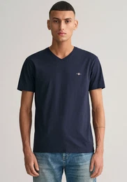 T-Shirt SLIM SHIELD V-NECK T-SHIRT , Herren, Gr. L, blau (evening blau), Jersey, Obermaterial: 100% Baumwolle, unifarben, Basic, slim fit hftbedeckend, V-Ausschnitt, Kurzarm abgesteppte Kante, Shirts, mit einer kleinen Logostickerei auf der Brust