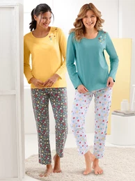 Schlafanzug WSCHEPUR Gr. 44/46, bunt (gelb, bedruckt, ozean, bedruckt), Damen, 100% Baumwolle, Hose:65% Baumwolle, 35% Polyester, Unterteil:98% Baumwolle, 2% Viskose, Homewear-Sets