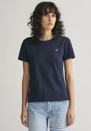 T-Shirt REG SHIELD KA T-SHIRT , Damen, Gr. XL, blau (evening blau), Jersey, Obermaterial: 100% Baumwolle, unifarben, casual, normal hftlang, Rundhals, Kurzarm abgesteppt, Shirts, mit einer kleinen aufgestickten Wappen-Grafik auf der Brust