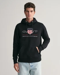Hoodie REG ARCHIVE SHIELD HOODIE , Herren, Gr. L, schwarz, Sweatware, Obermaterial: 78% Baumwolle, 22% Polyester, casual, regular fit hftlang, Langarm elastischer Bund, Sweatshirts, mit modischer Logostickerei auf der Brust