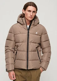 Steppjacke HOODED SPORTS PUFFR JACKET , Herren, Gr. XXL, braun (fossil braun), Web, Obermaterial: 100% Polyester, unifarben, modisch, slim fit, Langarm elastischer Bund, Jacken, mit kontrastfarbener Stickerei