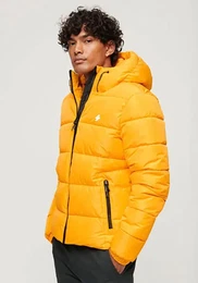 Steppjacke HOODED SPORTS PUFFR JACKET , Herren, Gr. S, gelb (saffron gelb), Web, Obermaterial: 100% Polyester, unifarben, modisch, slim fit, Langarm elastischer Bund, Jacken, mit kontrastfarbener Stickerei