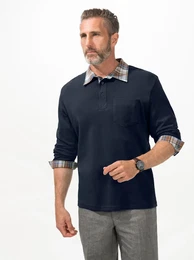 Poloshirt Langarm-Poloshirt , Herren, Gr. 52/54, blau (marine), 100% Baumwolle, gemustert, kariert, unifarben, ohne Ausschnitt, Langarm, Shirts