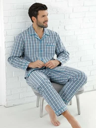 Schlafanzug KINGS CLUB Gr. 52/54, blau (blau, kariert), Herren, 100% Baumwolle, Homewear-Sets