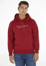 Hoodie HILFIGER NEW YORK HOODY , Herren, Gr. M, rot, Sweatware, Obermaterial: 63% Baumwolle, 37% Polyester, unifarben, casual, regular fit hftbedeckend, Langarm Rippbndchen, Sweatshirts, mit Kngurutasche