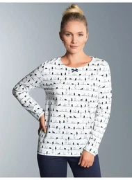 Schlafanzug Langarmshirt mit Katzenmotiv , Damen, Gr. XXL, wei, 100% Baumwolle, Basic, Homewear-Sets
