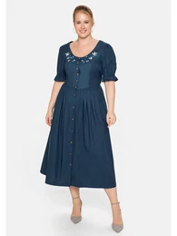 Dirndl Groe Gren Gr. 48, Normalgren, blau Damen Kleider in Leinen-Optik, mit Bltenstickerei