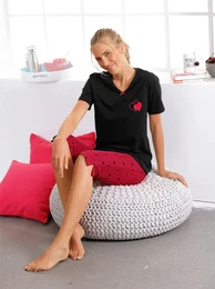 Capri-Pyjama WSCHEPUR Gr. 44/46, schwarz (rot, schwarz), Damen, 100% Baumwolle, Homewear-Sets