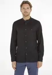 Langarmhemd NATURAL SOFT SOLID MAO RF SHIRT , Herren, Gr. L, N-Gr, schwarz, Web, Obermaterial: 100% Baumwolle, unifarben, elegant, Basic, Langarm 2-Knopf-Manschette, Hemden, mit Markenstreifen innen am rmelschlitz