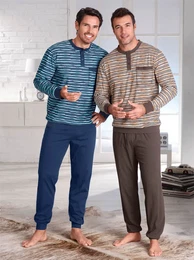 Schlafanzug WSCHEPUR Gr. 44/46, bunt (blau, natur), Herren, 100% Baumwolle, Homewear-Sets