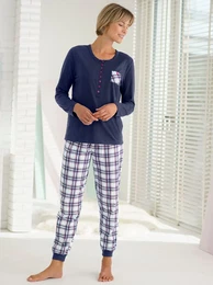 Schlafanzug WSCHEPUR Gr. 48/50, blau (marine, kariert), Damen, 100% Baumwolle, Homewear-Sets