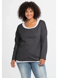 Langarmshirt BY JOE BROWNS Groe Gren , Damen, Gr. 46, grau (anthrazit), Obermaterial: 100% Baumwolle, unifarben, casual, figurumspielend normal, U-Boot-Ausschnitt, Langarm, Shirts, mit kontrastfarbenem Tanktop