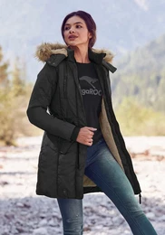 Parka Wintercharme Gr. 46, schwarz (black (jacke aus nachhaltigem material)) Damen Jacken fr kalte Temperaturen, Webstoff, mit Kapuze, Taschen