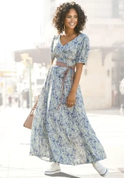 Maxikleid Gr. 46, N-Gr, blau (blau, bedruckt) Damen Kleider mit zartem Blumendruck und V-Ausschnitt, Sommerkleid, Strandkleid