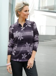 Langarm-Poloshirt CLASSIC BASICS Winter-Shirt Gr. 50, lila (flieder, schwarz, bedruckt), Damen, 95% Polyester, 5% Elasthan, gemustert, mehrfarbig, geblmt, Shirts