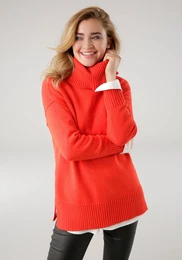 Rollkragenpullover Gr. 36/38, rot (knallrot, melange) Damen Pullover mit Rippdetails