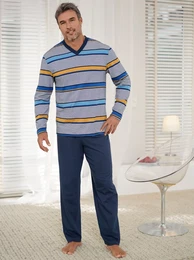 Schlafanzug WSCHEPUR Gr. 60/62, bunt (marine, gelb, gestreift), Herren, 100% Baumwolle, Homewear-Sets