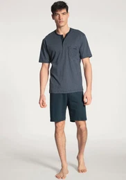 Shorty Relax Streamline , Herren, Gr. M (50), blau (schwarz sapphire), Interlock, Obermaterial: 100% Baumwolle, unifarben, klassisch, normal kurz, Rundhals, Kurzarm, Homewear-Sets, mit Knopfleiste