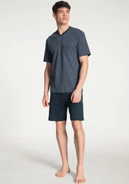 Shorty Relax Streamline , Herren, Gr. M (50), blau (schwarz sapphir), Interlock, Obermaterial: 100% Baumwolle, unifarben, casual, normal kurz, V-Ausschnitt, Langarm Rippbndchen, Homewear-Sets, mit Langarm-Oberteil in Ringel-Optik