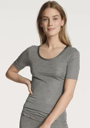 Kurzarmshirt True Confidence , Damen, Gr. M (44/46), grau (platin mel), Rippware, Obermaterial: 70% Wolle, 30% Seide, meliert, casual, Basic, tiefer Rundhals, Kurzarm, Shirts, mit Satinbandeinfassung am Rundhalsausschnitt