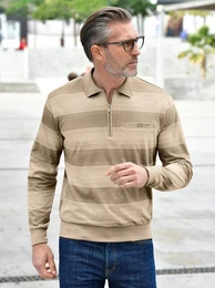 Poloshirt MARCO DONATI Langarm-Shirt Gr. 52/54, beige (beige, gestreift), Herren, 100% Baumwolle, bedruckt, gemustert, Shirts