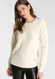 Strickpullover Gr. 36/38, wei (offwhite) Damen Pullover mit Zopfmuster - NEUE KOLLEKTION