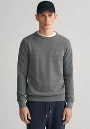 Rundhalspullover COTTON PIQUE C-NECK , Herren, Gr. XL, grau (dunkelgrau melange), Strick, Obermaterial: 100% Baumwolle, meliert, casual, regular fit hftlang, Rundhals, Langarm Rippstrickbndchen, Pullover, mit Logostickerei auf der Brust