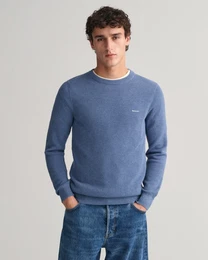 Rundhalspullover COTTON PIQUE C-NECK Gr. S, blau (denim blue melange) Herren Pullover mit Logostickerei auf der Brust