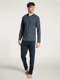 Pyjama Relax Streamline , Herren, Gr. S (46/48), blau (schwarz sapphire), Interlock, Obermaterial: 100% Baumwolle, unifarben, klassisch, normal lang, V-Ausschnitt, Langarm, Homewear-Sets, mit aufgesetzter Brusttasche