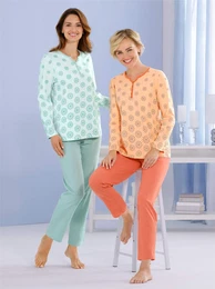Schlafanzug WSCHEPUR Gr. 44/46, bunt (kalkmint, papaya), Damen, 100% Baumwolle, Homewear-Sets