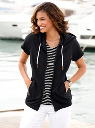 Shirtjacke CASUAL LOOKS Sweatjacke Gr. 50, schwarz, Damen, 100% Baumwolle, unifarben, Shirts