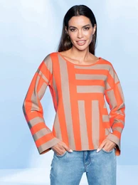 Rundhalspullover Pullover Gr. 42, orange (beige, orange, gemustert) Damen Pullover