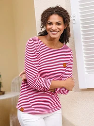 T-Shirt CASUAL LOOKS Shirt Gr. 54, rot (rot, wei, geringelt), Damen, 50% Baumwolle, 50% Modal, gemustert, gestreift, mehrfarbig, Shirts