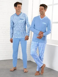 Schlafanzug KINGS CLUB Gr. 64/66, blau (wei, himmelblau, bedruckt), Herren, 100% Baumwolle, Homewear-Sets